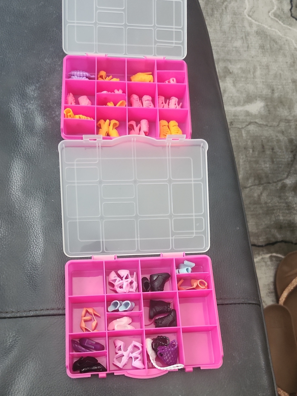 26 Pc Barbie Shoe Accessory Lot. Plus  Pink Plastic Organizer Box's.